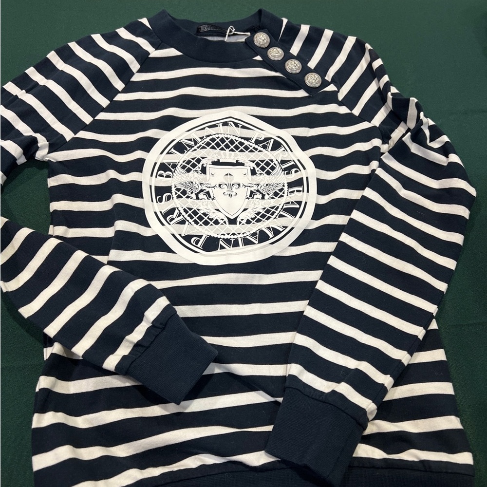 Striped Navy and White Sweater with Button Detail